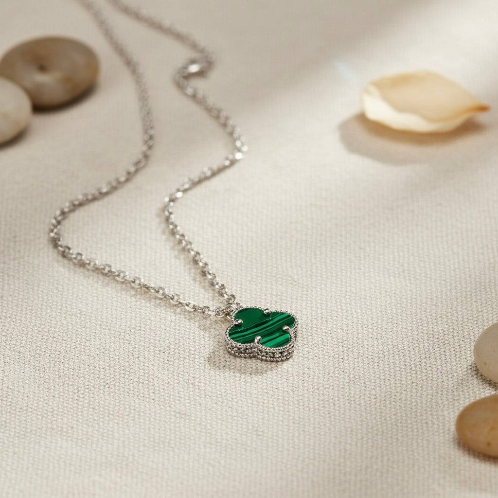 Sterling Silver 925 Green Malachite Clover Necklace Pendant "Verdant"