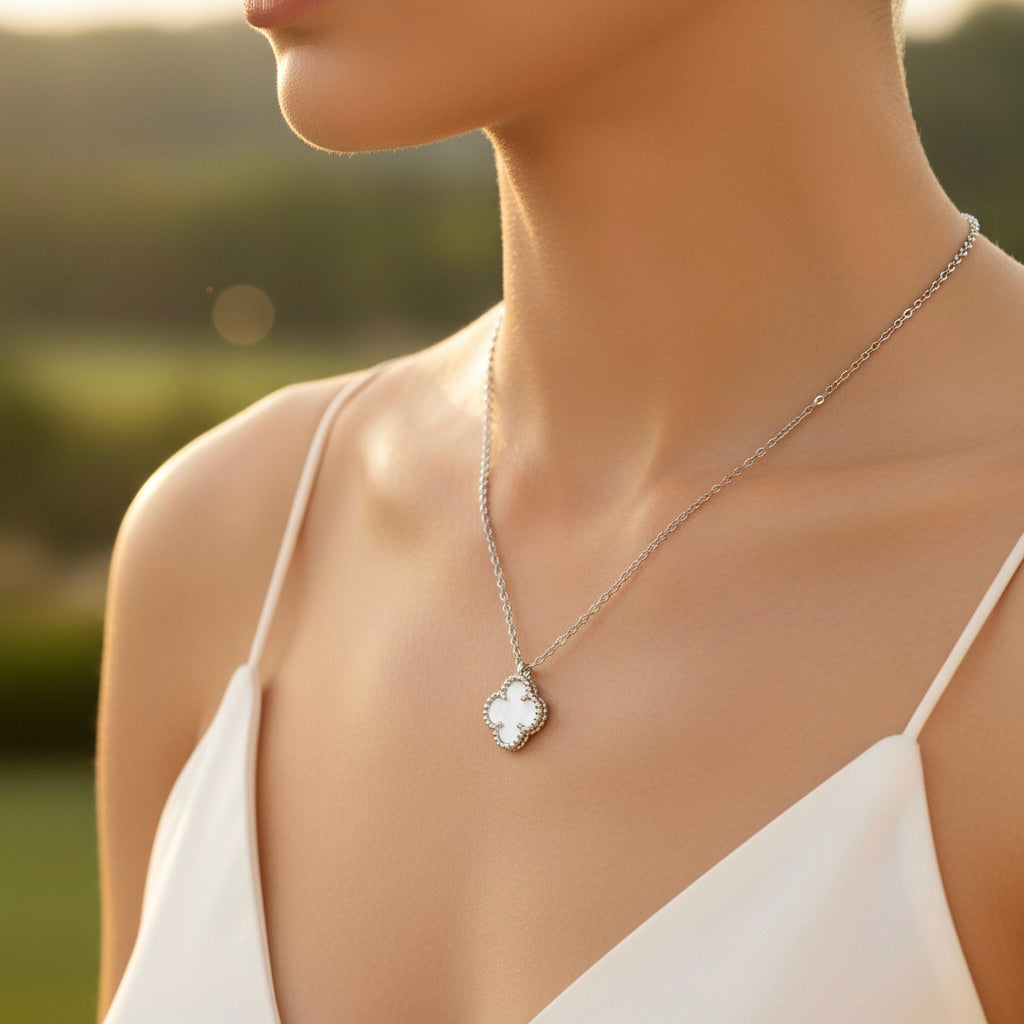 Sterling Silver 925 Mother of Pearl Clover Necklace Pendant "Luminous"