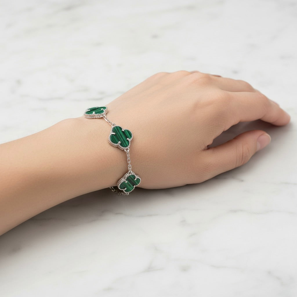 Sterling Silver 925 Green Malachite Four Clover Bracelet “Verdant”