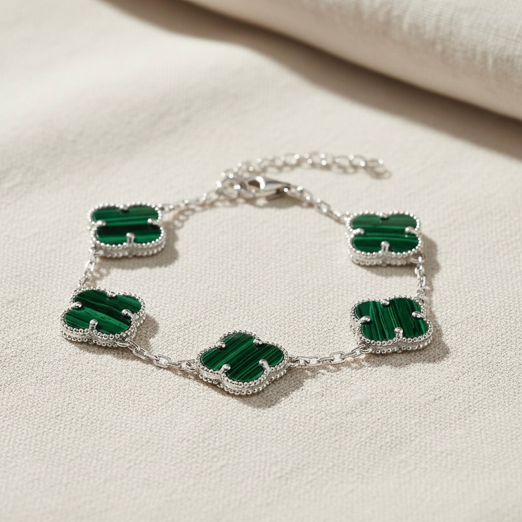 Sterling Silver 925 Green Malachite Four Clover Bracelet “Verdant”