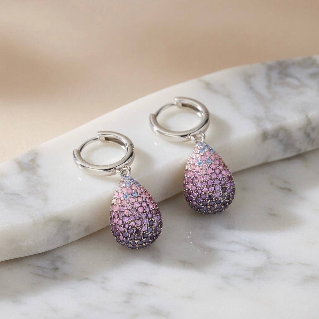 Sterling Silver 925 Ombre Purple CZ Teardrop Hoop Earrings "Lilla"