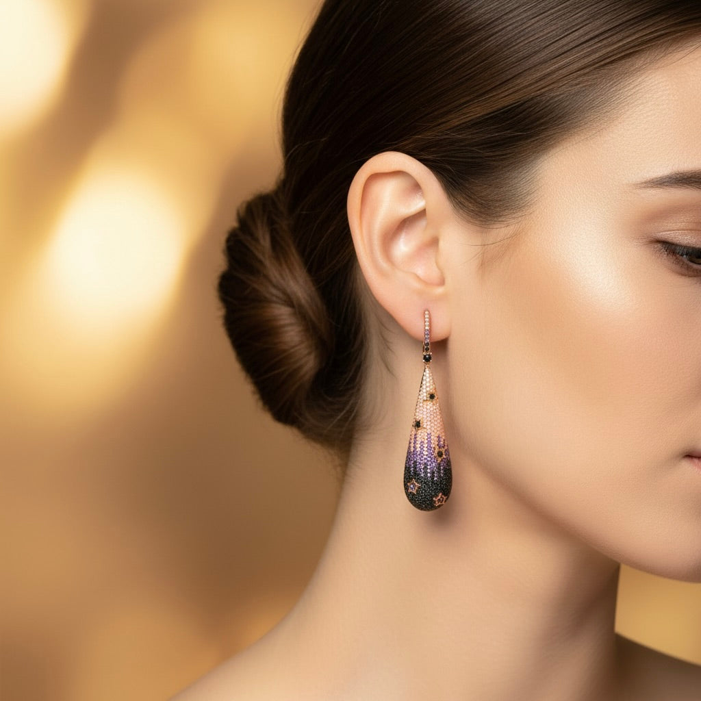 Sterling Silver 925 Rose Gold Plated Multicolour CZ Drop Earrings “Midnight Galaxy”