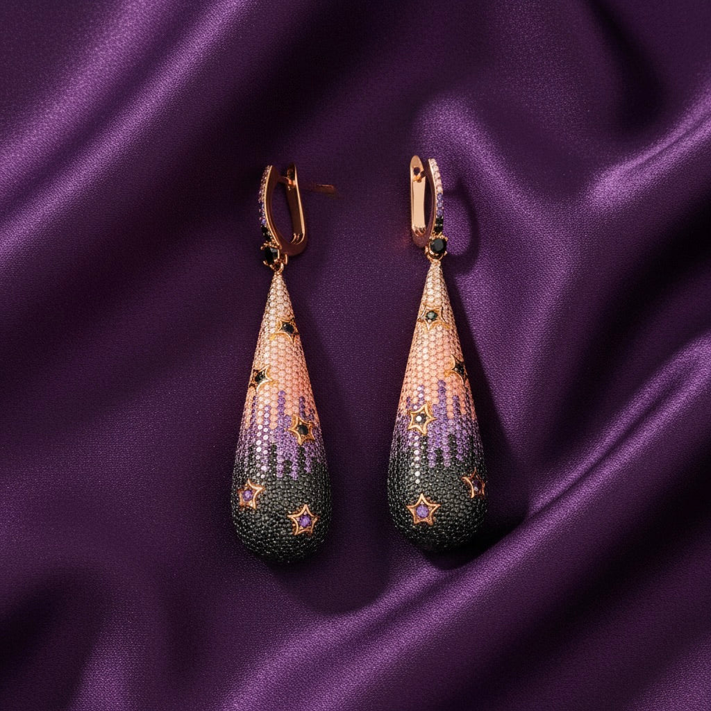 Sterling Silver 925 Rose Gold Plated Multicolour CZ Drop Earrings “Midnight Galaxy”