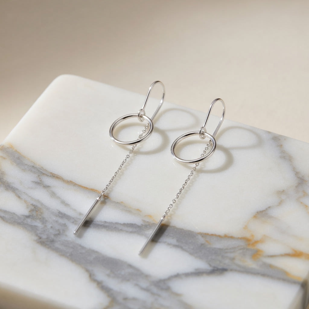 Sterling Silver 925 Long Chain Threader Earrings “Loop”