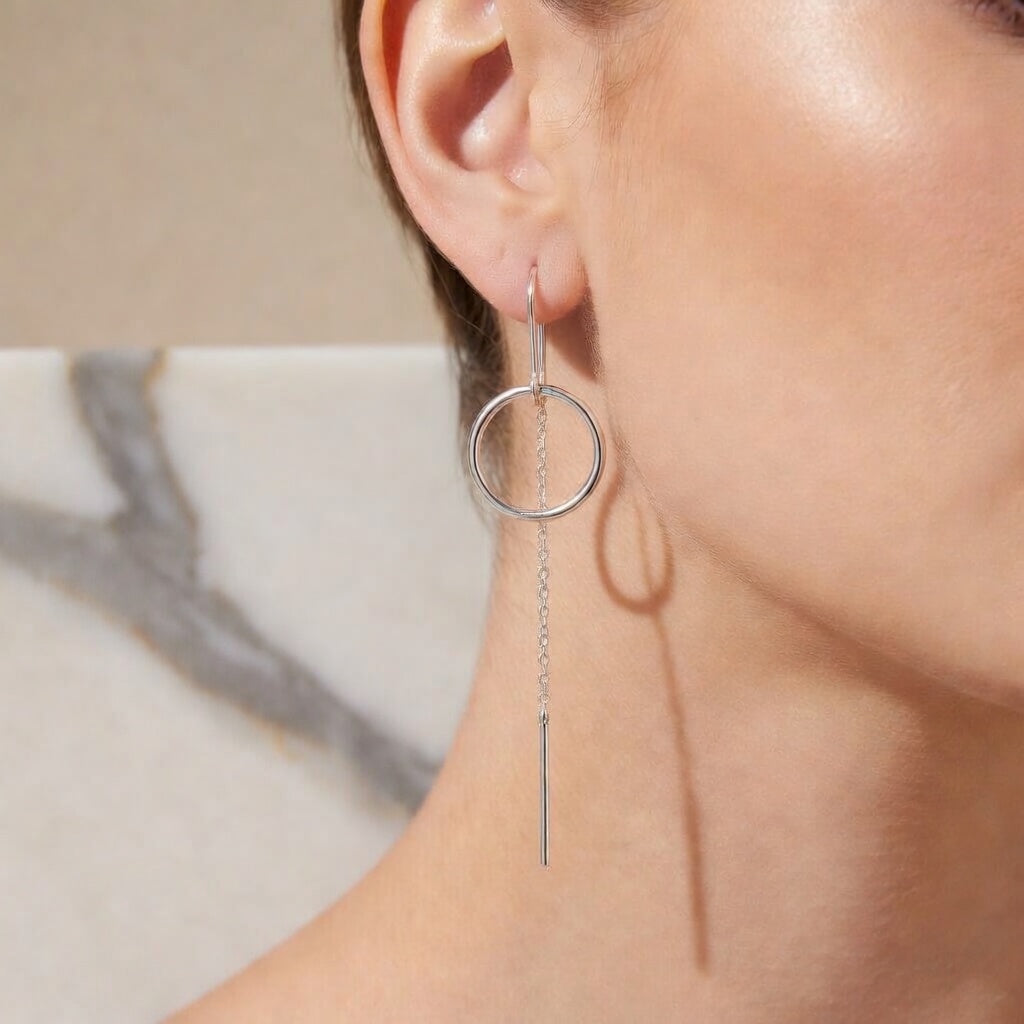 Sterling Silver 925 Long Chain Threader Earrings “Loop”