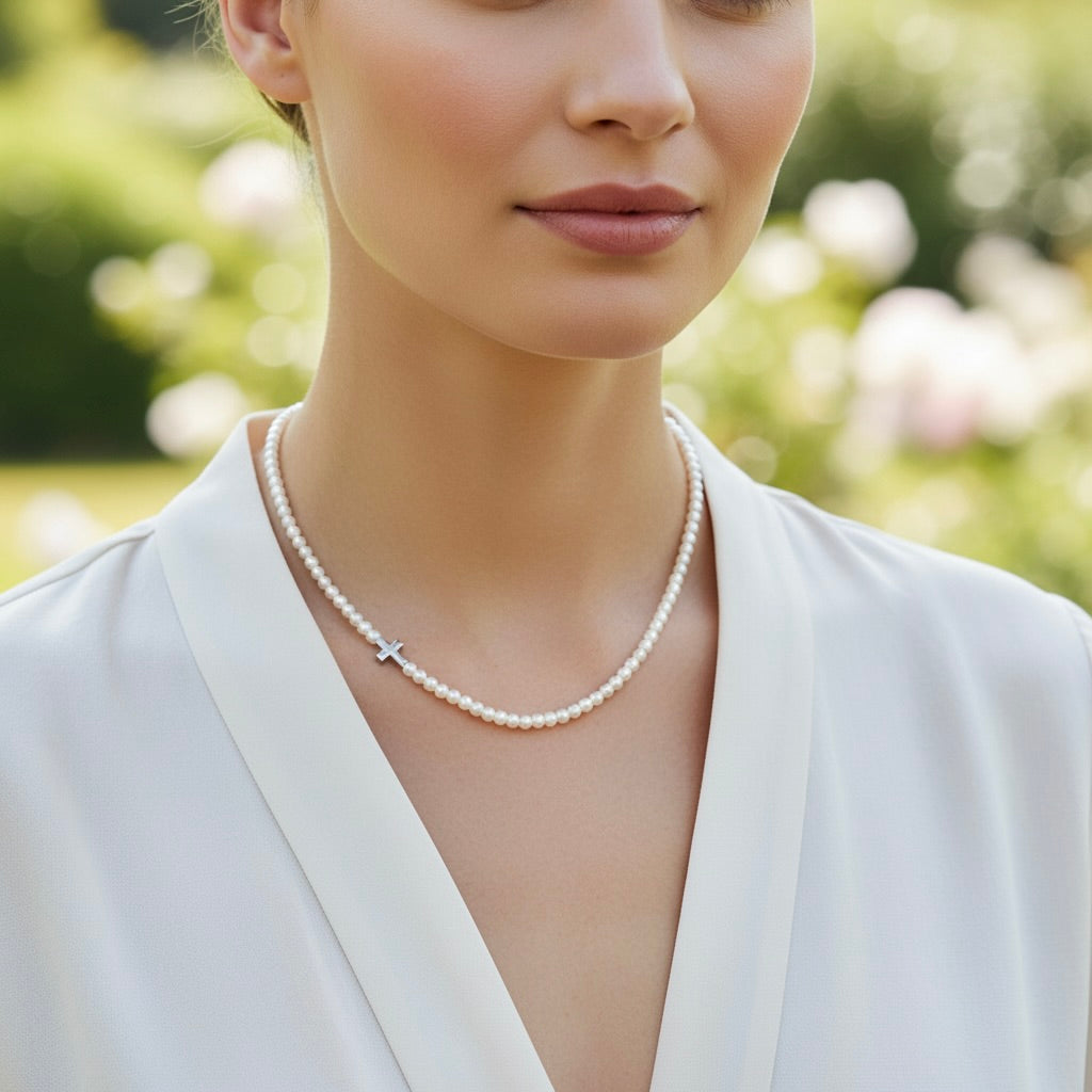 Sterling Silver 925 Pearl Beaded Cross Necklace "Ivory"