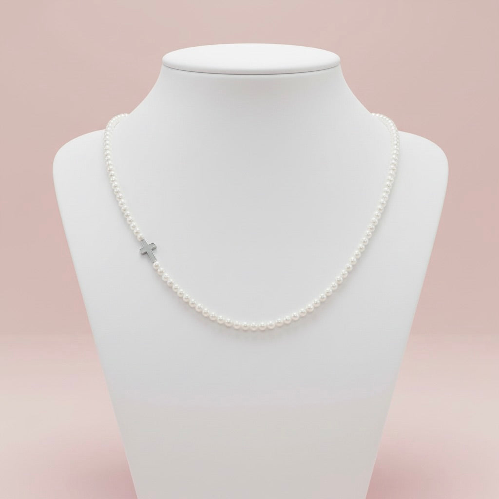 Sterling Silver 925 Pearl Beaded Cross Necklace "Ivory"