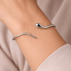 Sterling Silver 925 Snake Minimalist Open Bangle Bracelet “Serpent Gaze”