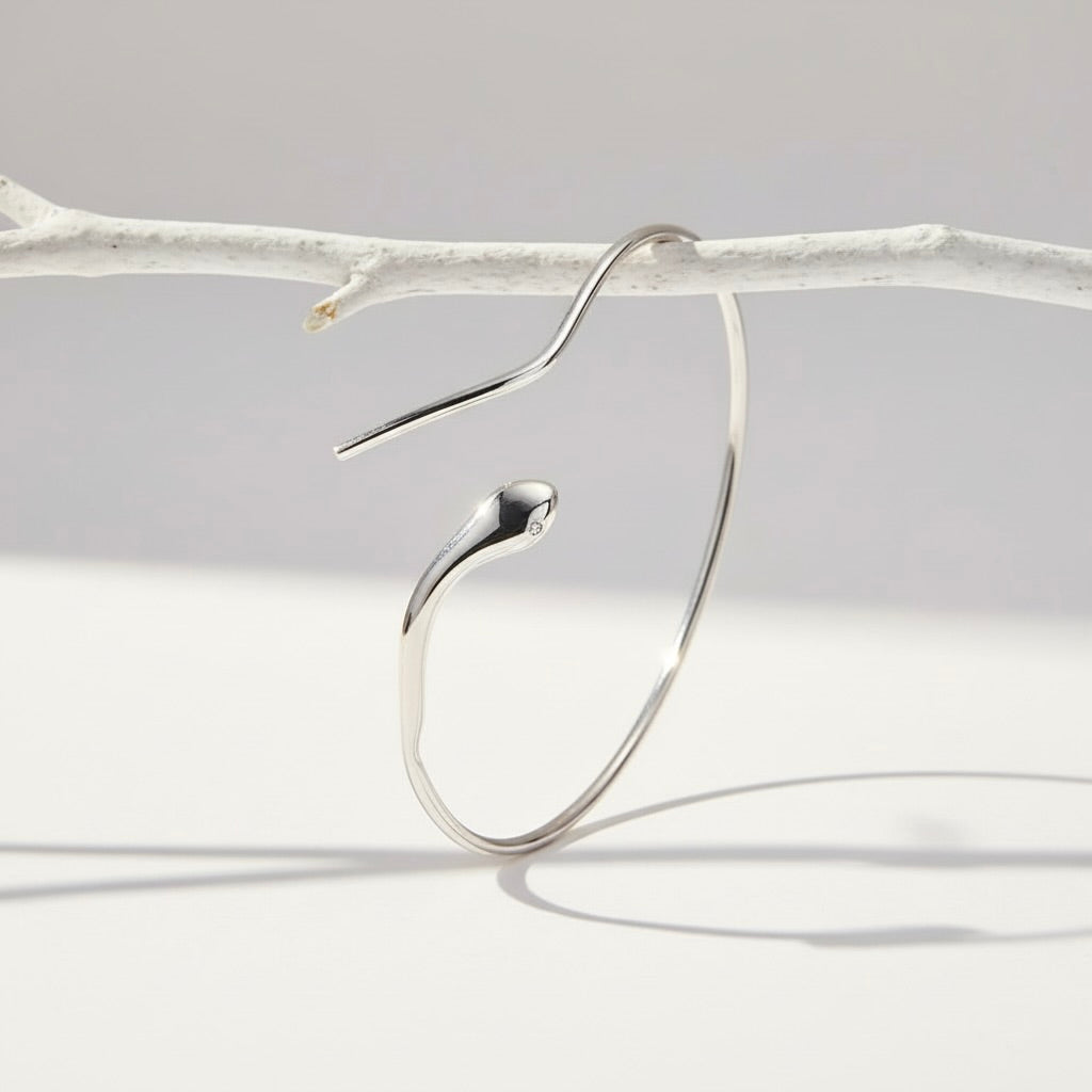 Sterling Silver 925 Snake Minimalist Open Bangle Bracelet “Serpent Gaze”