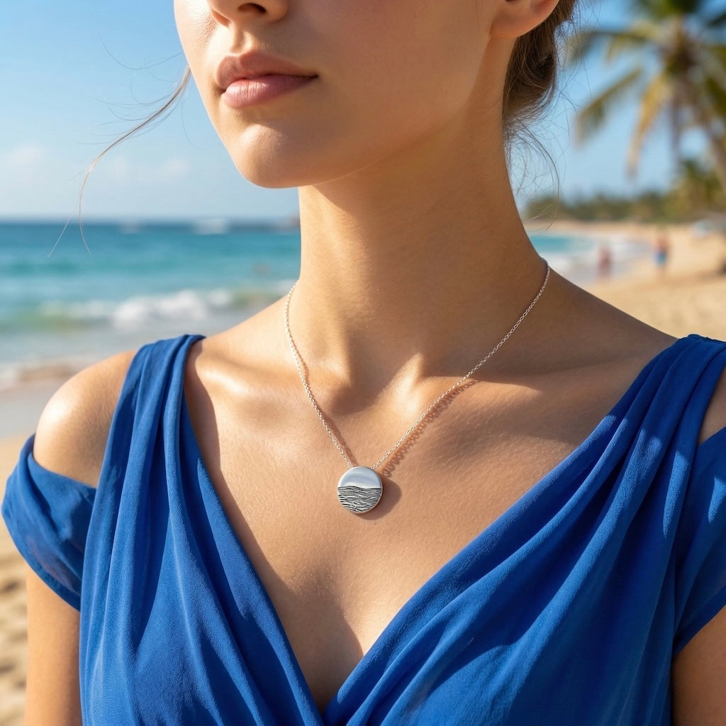 Sterling Silver 925 Round Pendant “Ocean Waves”
