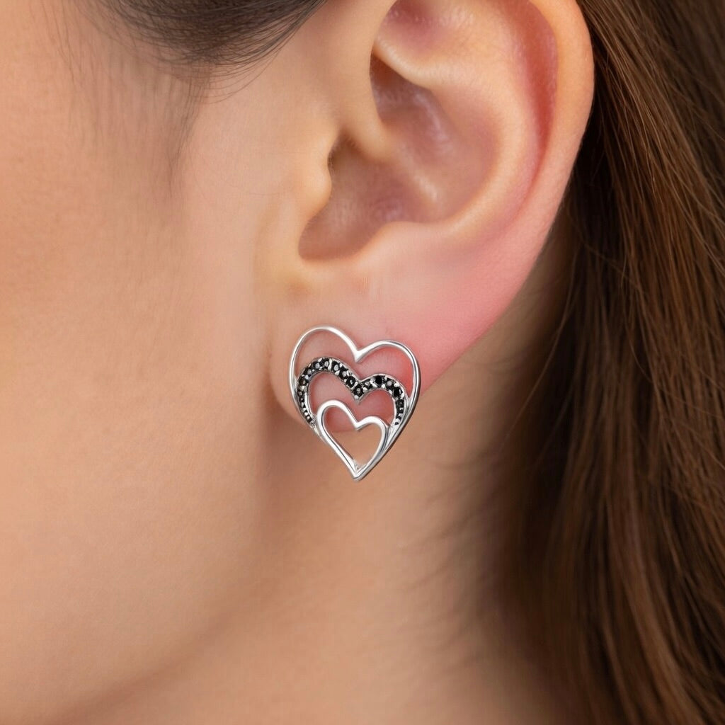 Sterling Silver 925 Triple Heart CZ Earrings "Soul Mate"