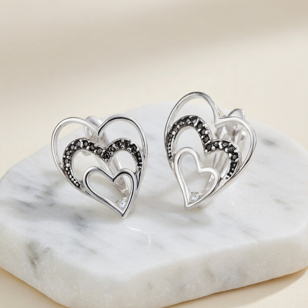 Sterling Silver 925 Triple Heart CZ Earrings "Soul Mate"