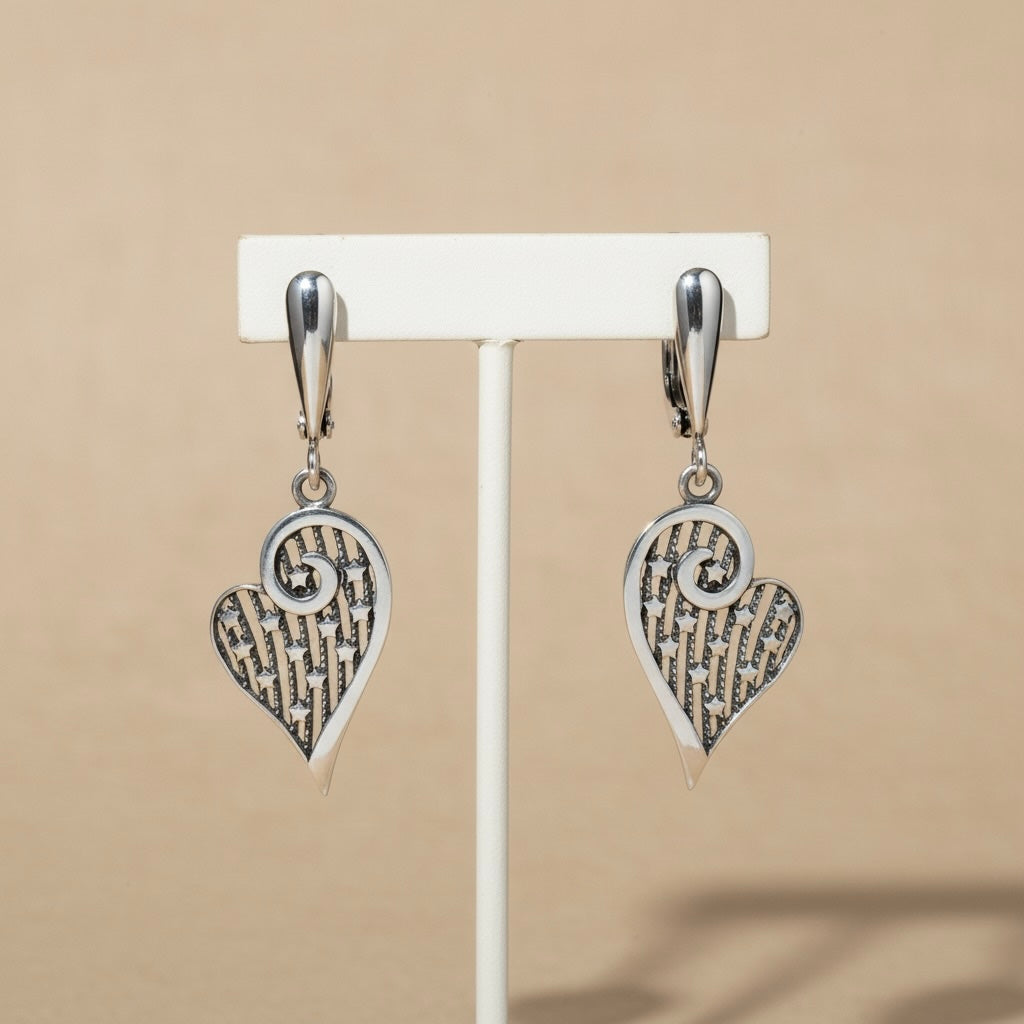 Sterling Silver 925 Heart Drop Earrings “Starlit Love"