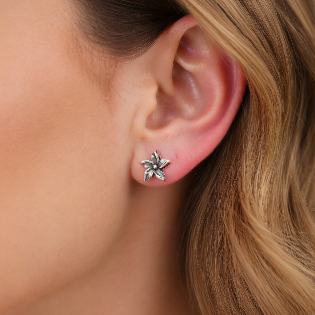 Sterling Silver 925 Stud Flower Oxidised Earrings "Hawaiian Bloom"