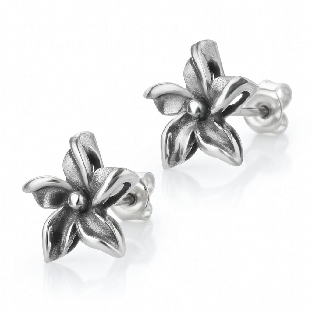 Sterling Silver 925 Stud Flower Oxidised Earrings "Hawaiian Bloom"