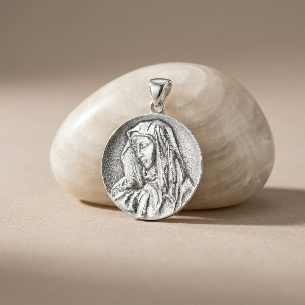 Sterling Silver 925 Virgin Mary Religious Round Pendant “Solace”