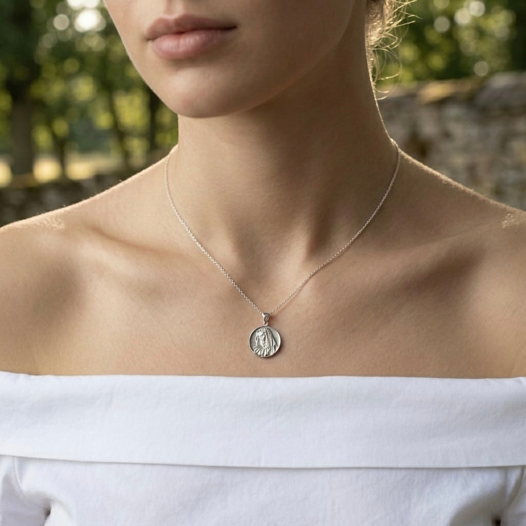 Sterling Silver 925 Virgin Mary Religious Round Pendant “Solace”