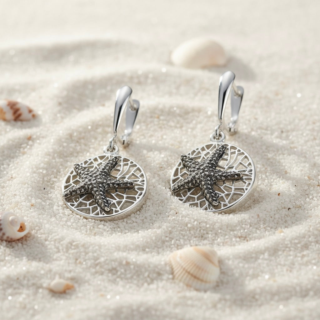 Sterling Silver 925 Starfish Oxidised Dangle Drop Earrings “Sea Breeze”