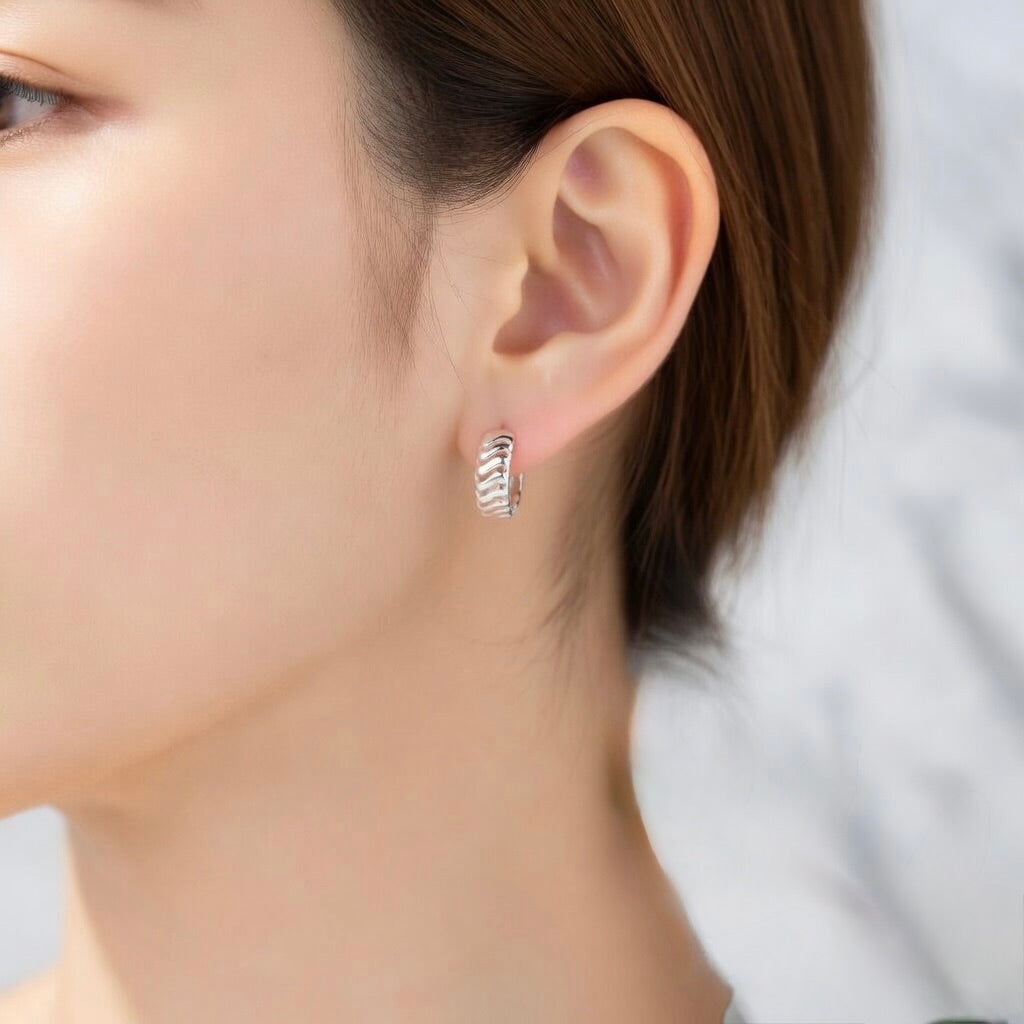 Sterling Silver 925 Huggie Hoop Earrings “Wave Crest”